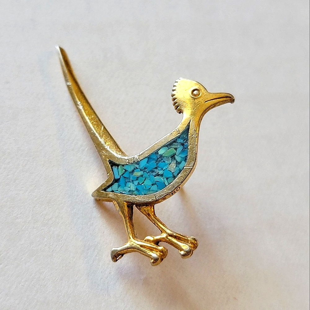 Gold and Turquoise Roadrunner Brooch Pin Crushed Inlaid Signed '80 Vintage Bird